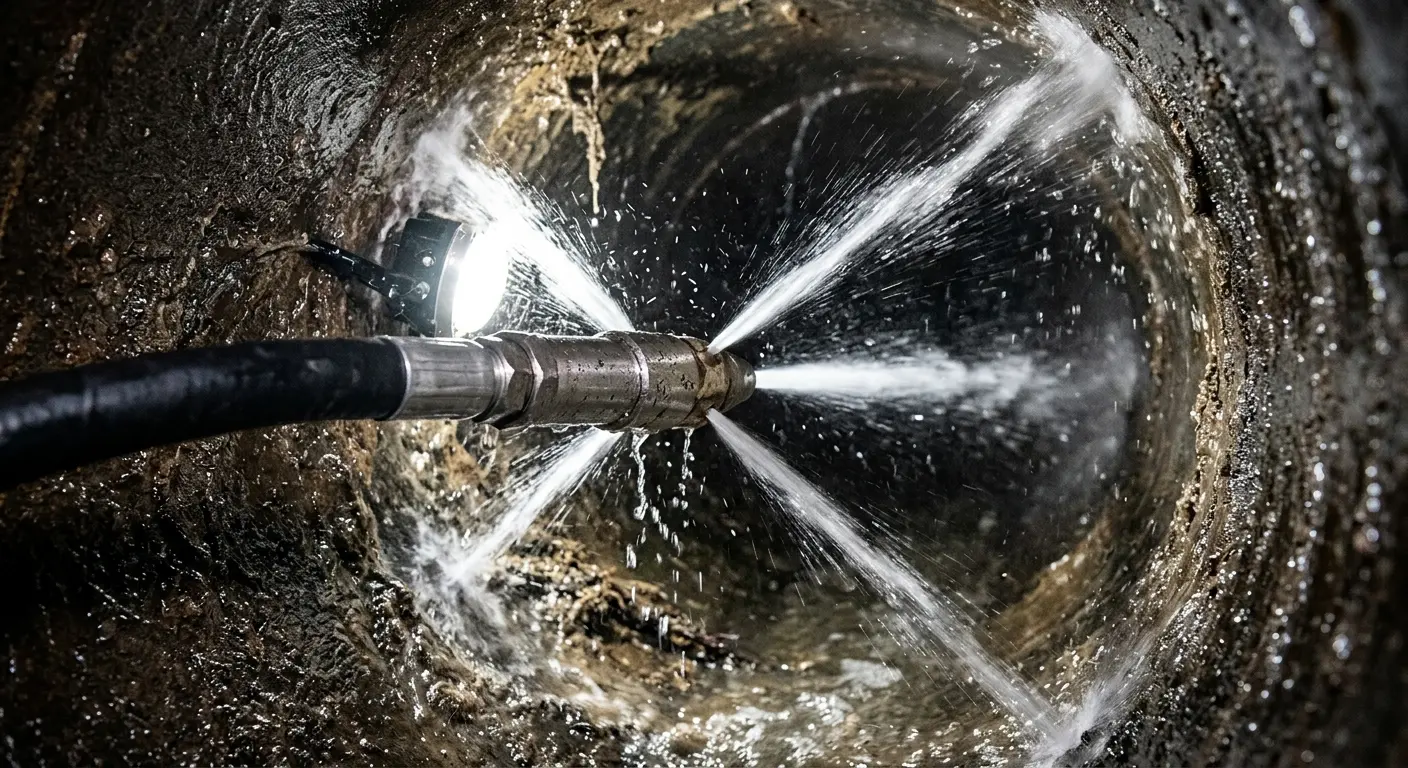 High-pressure hydro jetting nozzle cleaning sewer pipe for Trenchless Sewer Repair in Needham