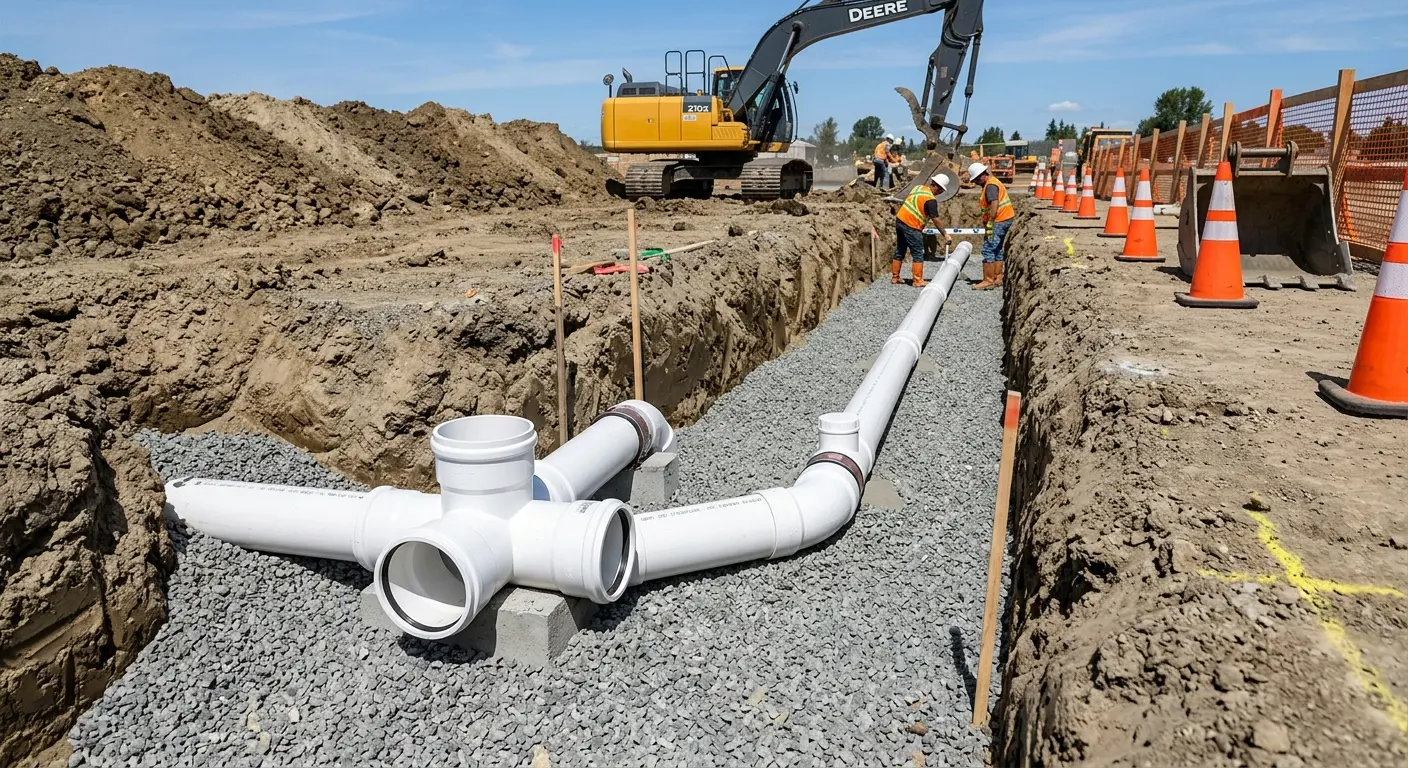 New PVC sewer pipe installation in open trench for Commercial Drain Cleaning in Needham